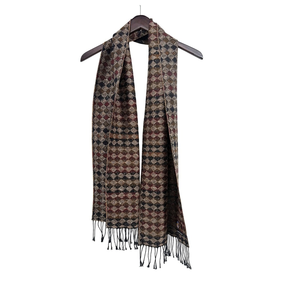 Vintage Made in Germany Wool Blend Geometric Diamond Fringe Scarf Multicolor